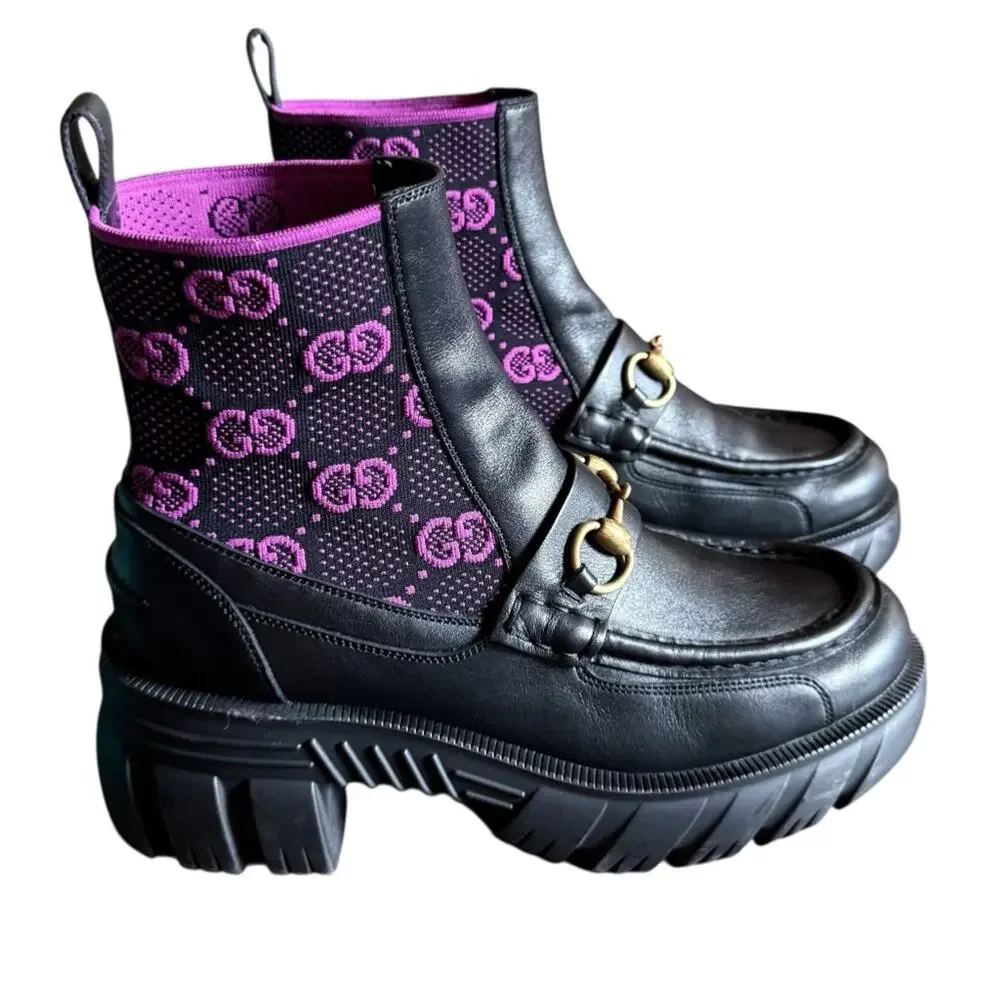 Gucci Quebec Leather Technical GG Monogram Horsebit Ankle Boots EU 38 US 8